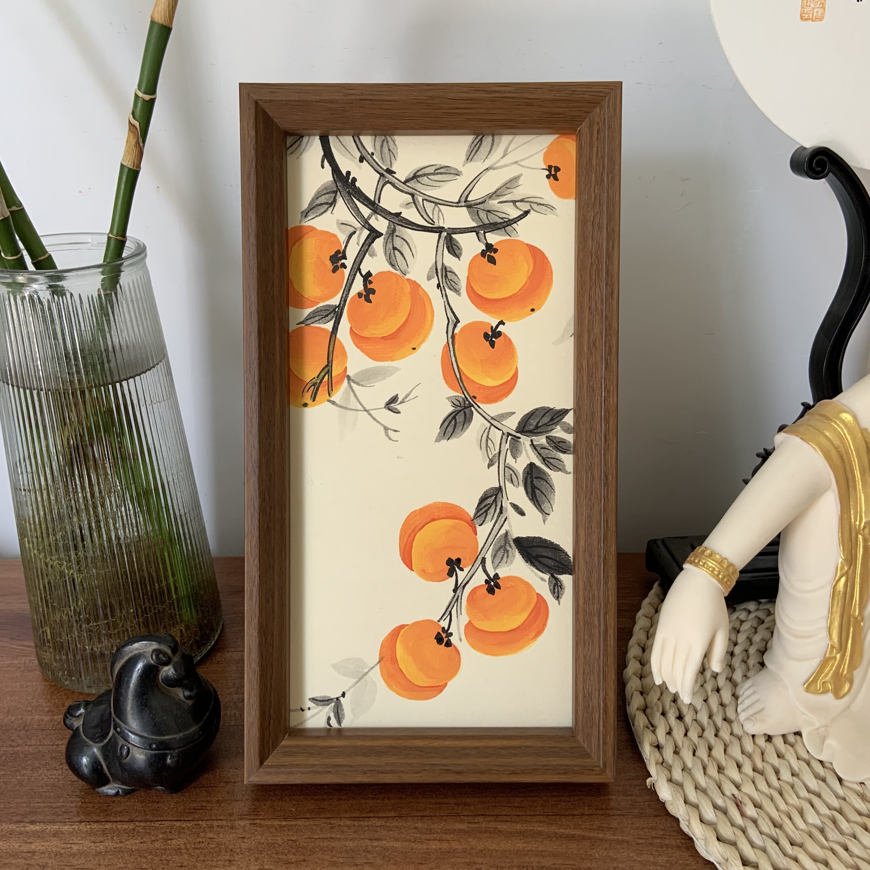 纯手绘柿子摆台事事如意国画书桌茶室摆件装饰画国风礼物5&times;10寸