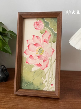 荷花摆台100%纯手绘没骨国画荷花锦鲤九鱼图桌面摆件伴手礼乔迁