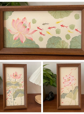 荷花九鱼图纯手绘国画摆台荷花锦鲤桌面摆件玄关装饰乔迁伴手礼物