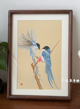 喜鹊摆台100%纯手绘国画喜上眉梢摆件玄关乔迁伴手礼花鸟画手工画