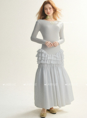 LASS LIZ原创设计2025秋季新款优雅高级白色修身黑色显瘦长袖长裙