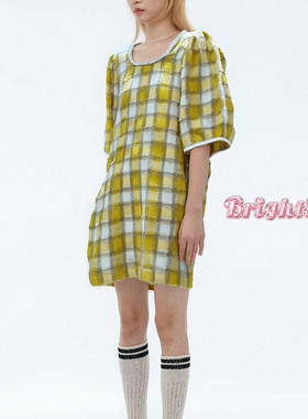 LASS LIZ原创设计师2025春夏新款法式复古黄色格子宽松连衣裙短袖