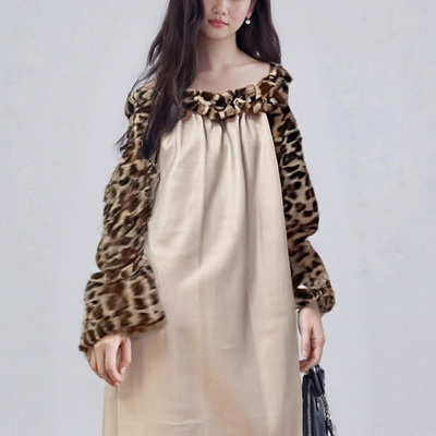 LASS LIZ原创独家设计2025秋冬新款豹纹一字领宽松显瘦毛毛长裙女