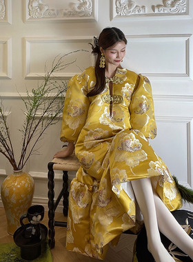 LASS LIZ原创新中式国风冬季名媛千金风人间富贵花黄色夹棉鱼尾裙