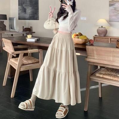 秋冬款杏色中长款蛋糕裙长裙复古