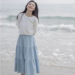 白色中长款 垂感蛋糕裙高腰大摆a字百褶长裙 半身裙女春夏2026新款