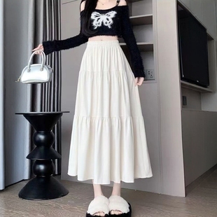 白色新款半身裙2025秋冬款显瘦高腰小个子气质中长款蛋糕裙长裙子