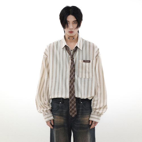 MRNEARLY美式复古领带条纹衬衫男
