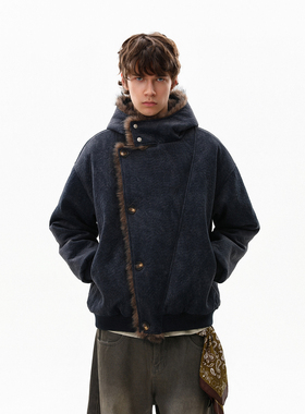 MRNEARLY美式复古拼接撞色毛领加厚保暖棉服男宽松休闲高级感外套