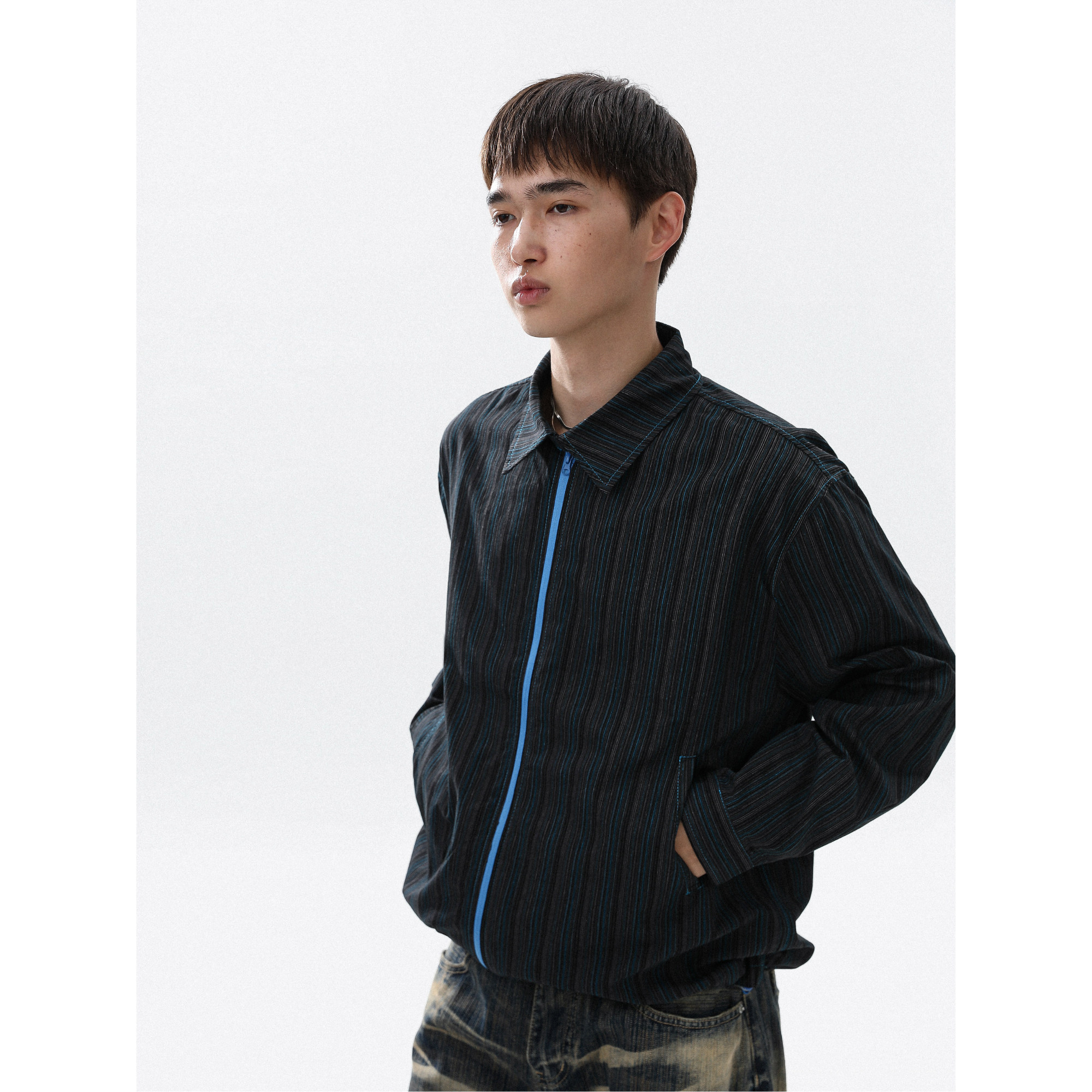 美式复古条纹拼接撞色长袖衬衫