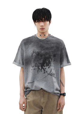 MRNEARLY 美式小众脏染涂鸦情侣装短袖T恤男宽松重磅复古半袖上衣