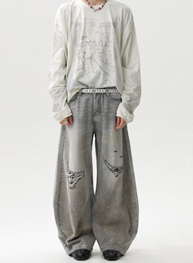 MRNEARLY 美式复古水洗做旧黄泥破洞牛仔裤男秋季宽松直筒长裤子