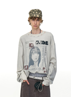 MRNEARLY 美式复古做旧破洞人物印花长袖T恤男潮牌宽松休闲上衣