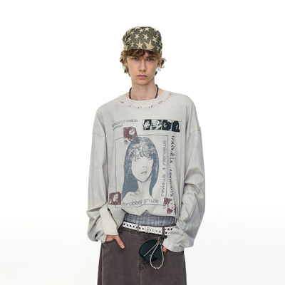 美式复古人物印花长袖T恤