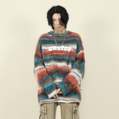 复古慵懒风情侣毛衣男冬季 MRNEARLY国潮彩色条纹海马毛针织衫 美式