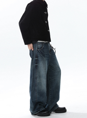 MRNEARLY美式复古闪电纹设计感阔腿牛仔裤男秋季潮牌休闲阔腿裤