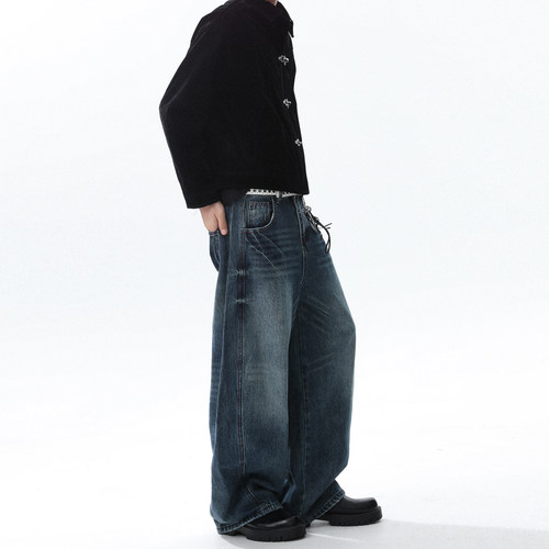 美式复古闪电纹设计感阔腿牛仔裤