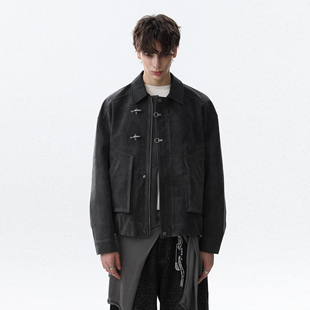 MRNEARLY美式复古牛绒短款翻领秋季外套男高级感潮牌痞帅麂皮夹克