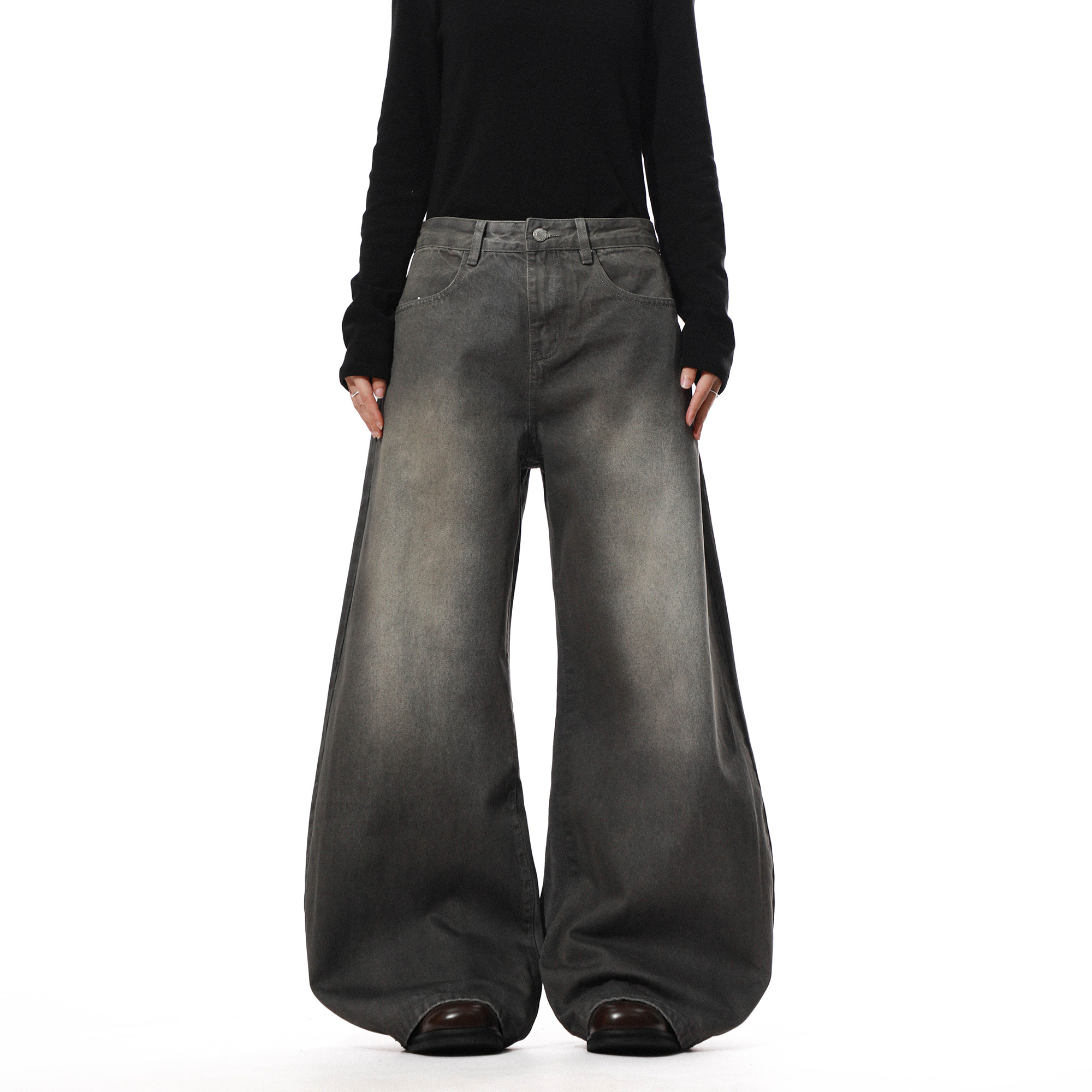 美式复古水洗做旧阔腿牛仔裤