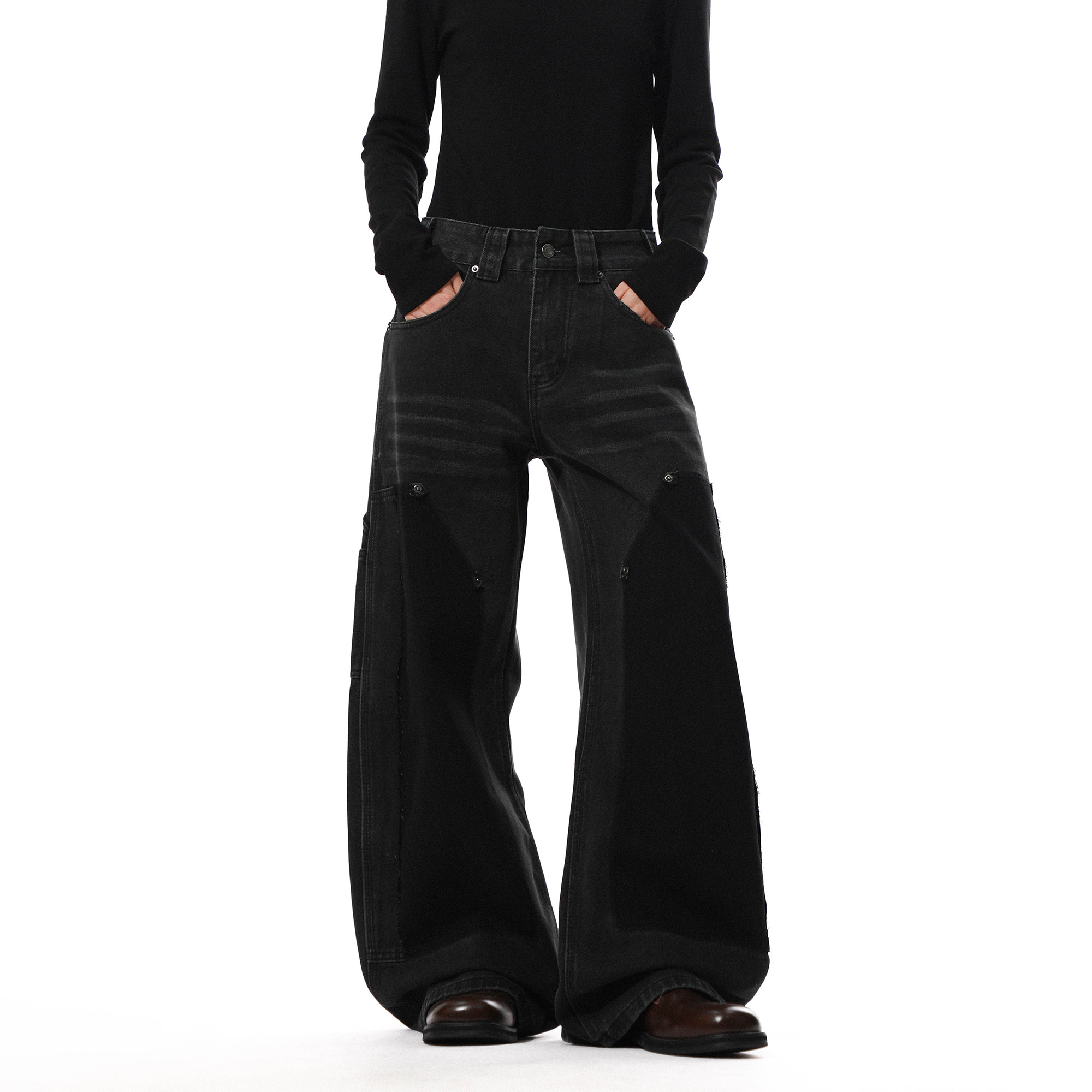 冬季高街复古拼接阔腿牛仔裤