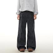 MRNEARLY美式 子男女宽松直筒欧美高街复古牛仔裤 褶皱设计感工装 裤