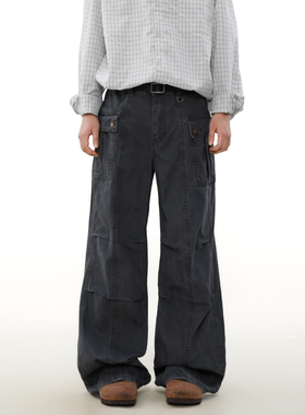 MRNEARLY美式褶皱设计感工装裤子男女宽松直筒欧美高街复古牛仔裤