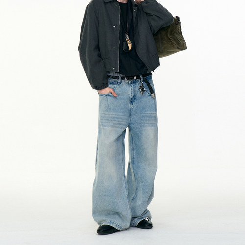 美式复古水洗做旧直筒牛仔裤