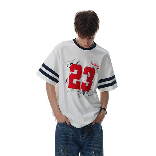 美式复古撞色数字刺绣短袖T恤男