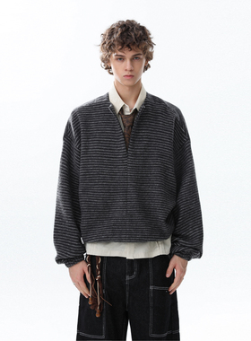 MRNEARLY美式复古半拉链条纹套头卫衣男女情侣休闲松驰感秋季外套