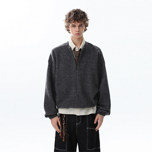 MRNEARLY美式 外套 复古半拉链条纹套头卫衣男女情侣休闲松驰感秋季