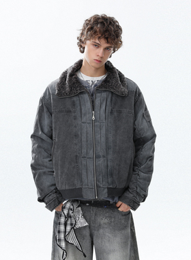 MRNEARLY美式重工牛仔解构拼接冬季加厚棉服夹克潮情侣棉衣外套男