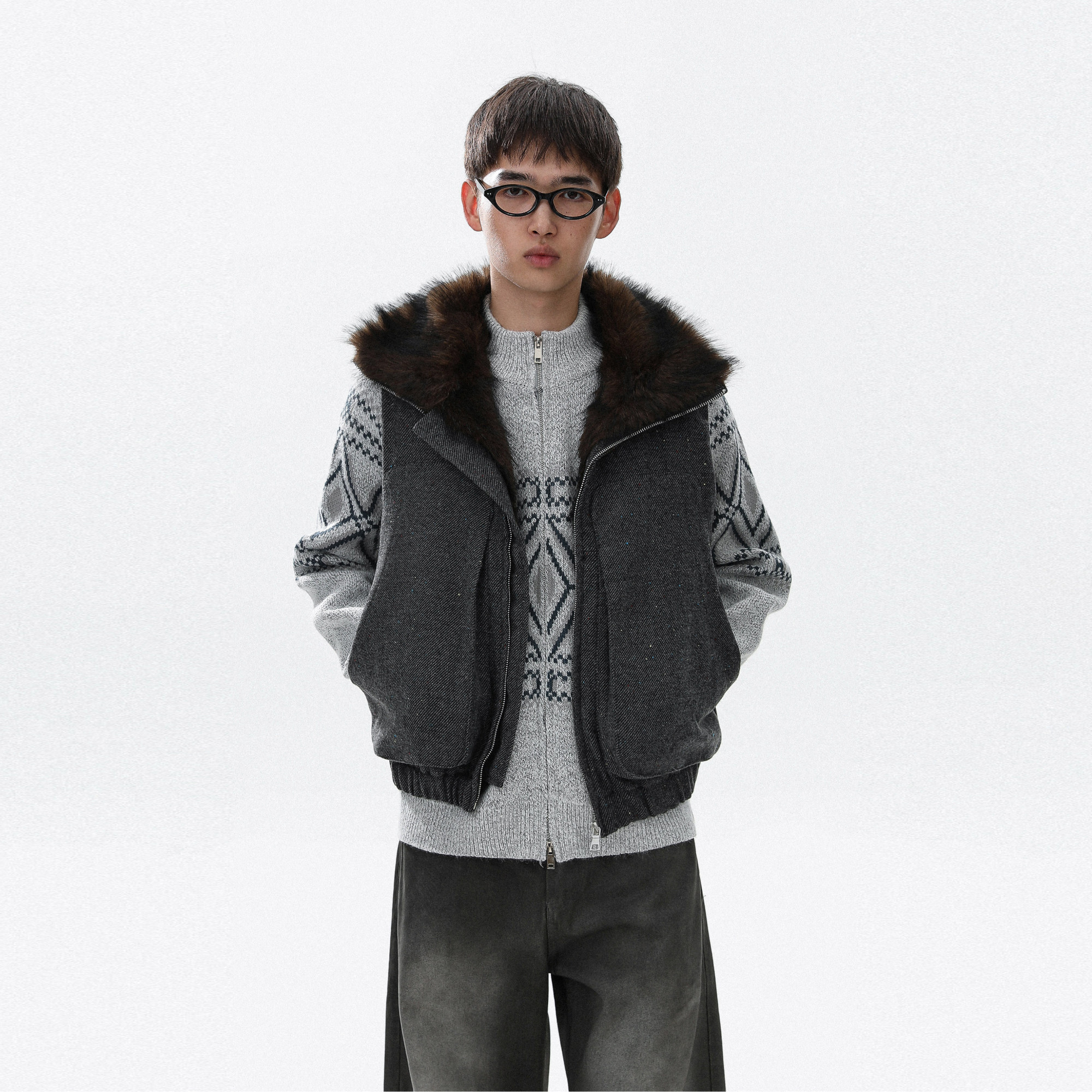 美式复古毛领拉链马甲男