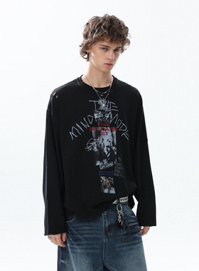 MRNEARLY美式复古创意趣味印花长袖T恤2025秋季宽松百搭情侣上衣