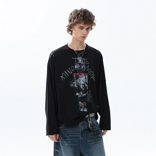 美式复古创意趣味印花长袖T恤