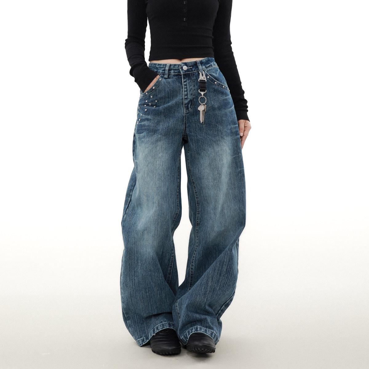 MRNEARLY美式复古烫钻铆钉设计感直筒牛仔裤男女宽松松弛感裤子潮,男装,牛仔裤,淘宝优惠券,粉丝福利购,淘宝优惠卷