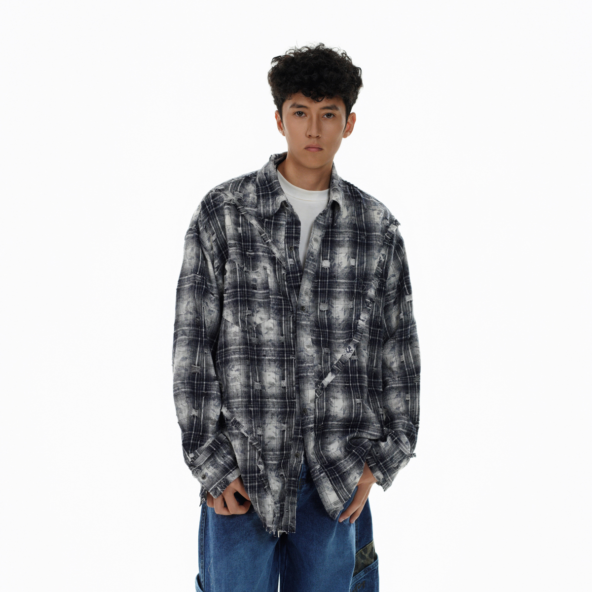 MRNEARLY美式复古格子拼接衬衫