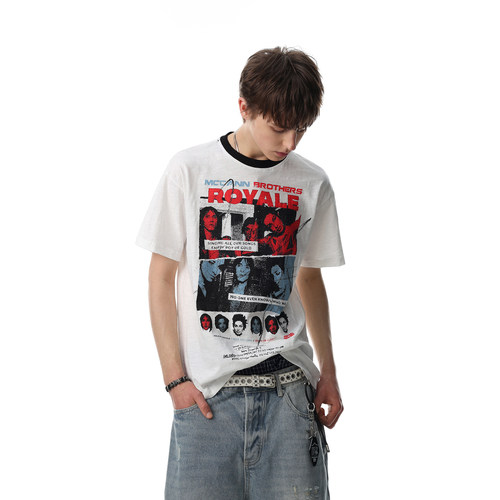 美式复古摇滚印花宽松短袖T恤男