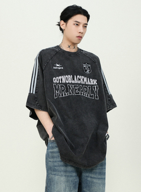 MRNEARLY 美式复古杠条运动休闲插肩袖t恤潮牌宽松高街短袖男夏季