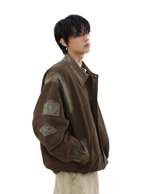 MRNEARLY复古美拉德做旧贴布PU皮拼接夹克男小众设计感百搭上衣潮