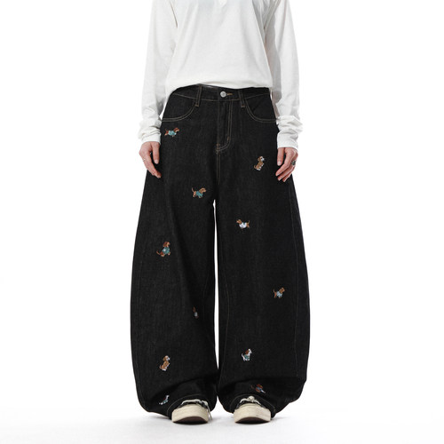 美式复古小狗刺绣男阔腿牛仔裤
