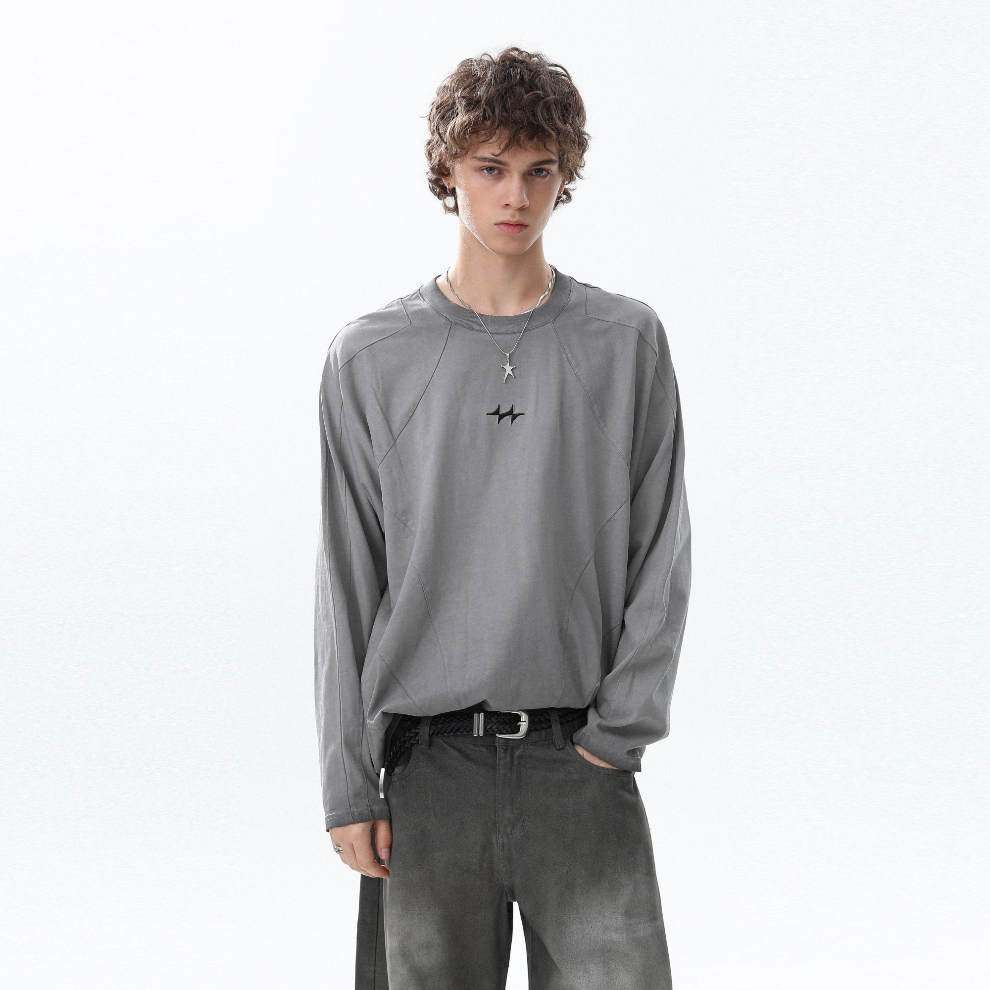 美式复古做旧水洗刺绣长袖T恤