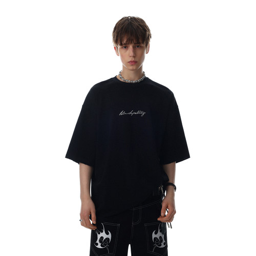 美式复古烫钻重磅纯棉落肩T恤