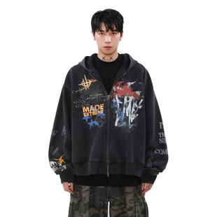 卫衣男潮牌街舞嘻哈拉链连帽外套 街头涂鸦开衫 MRNEARLY春秋季 美式