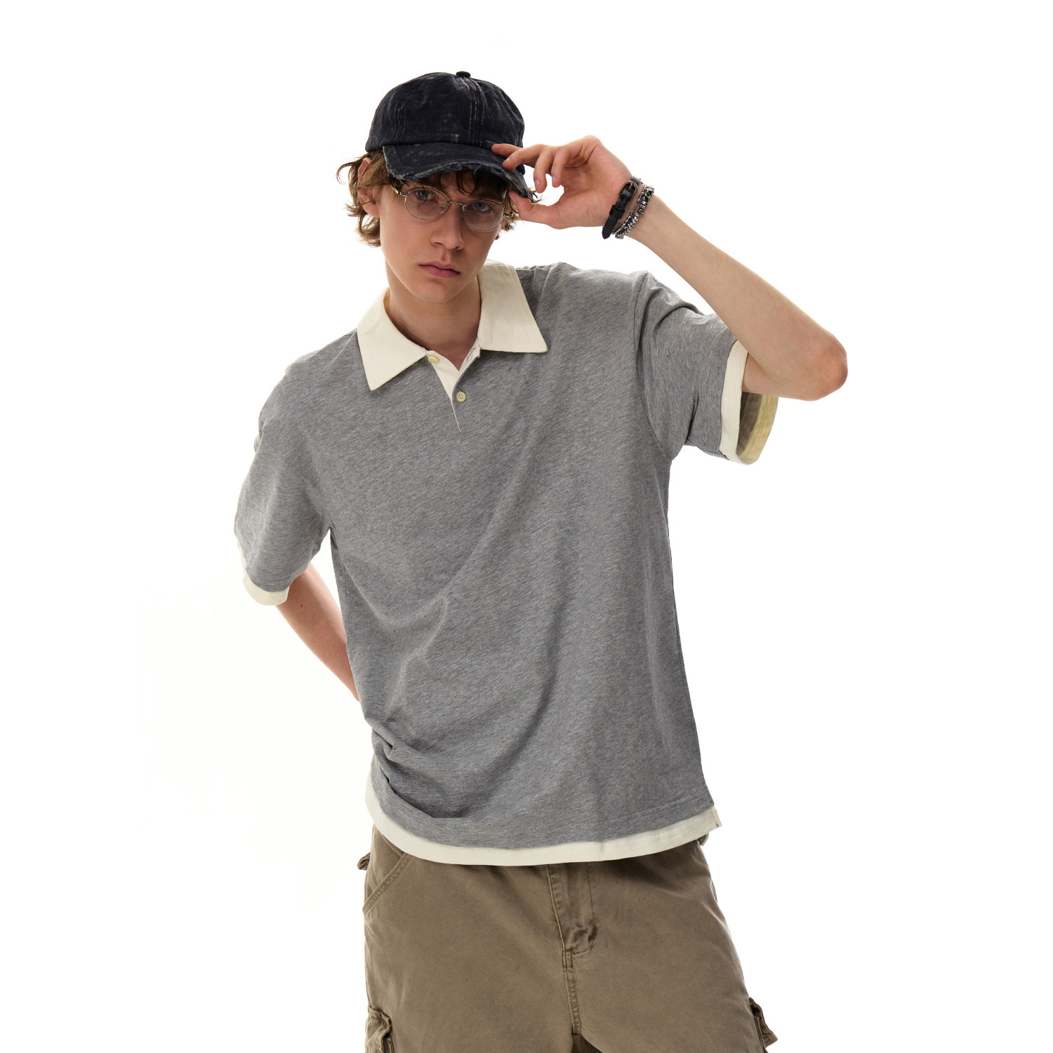 美式复古假两件撞色polo衫短袖男