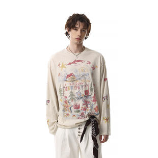 T恤男女潮牌宽松慵懒风圆领套头印花罩衫 MRNEARLY美式 涂鸦风长袖