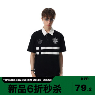 MRNEARLY美式复古撞色条纹刺绣短袖POLO衫男宽松休闲百搭半袖上衣