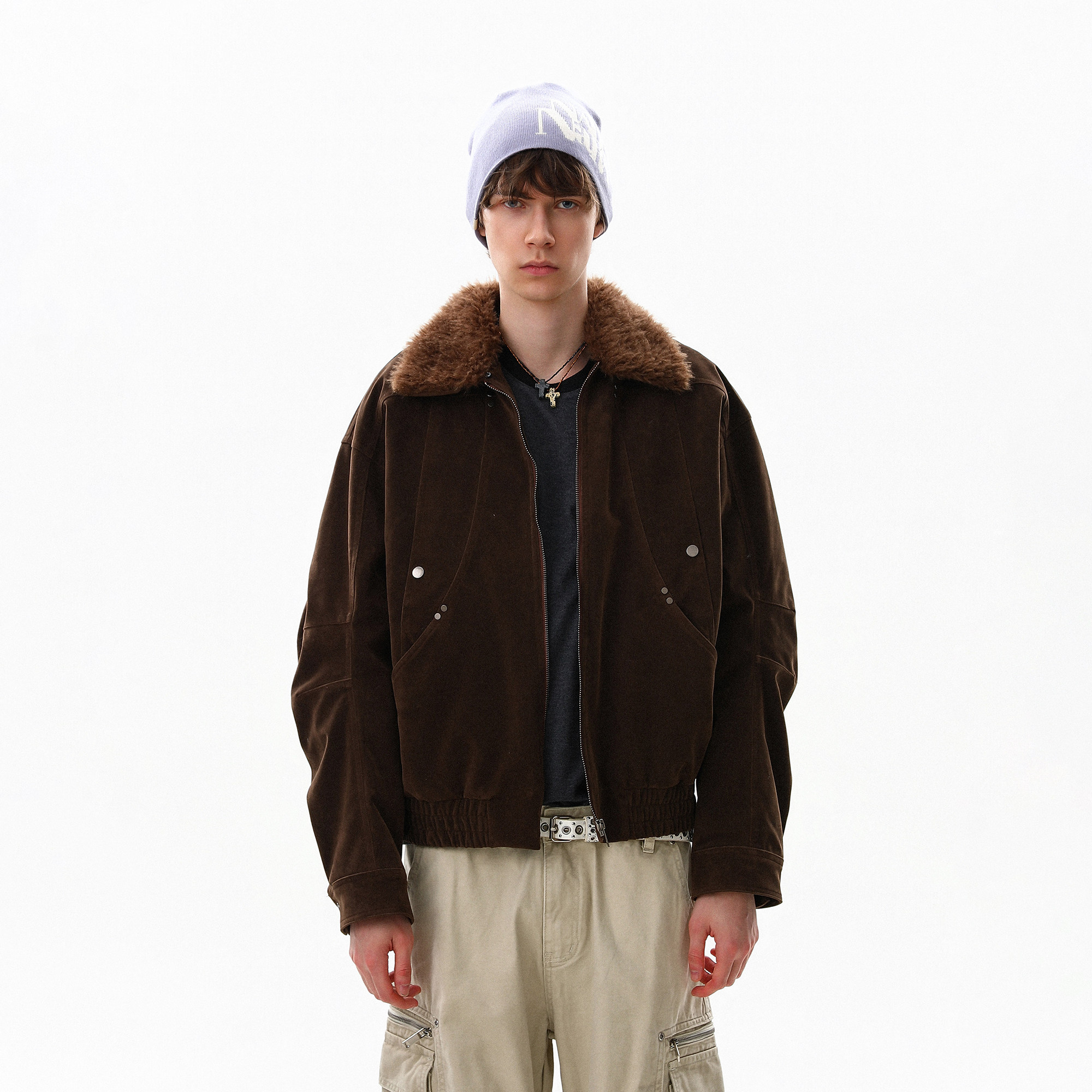 美式复古麂皮毛领短款加厚羽绒服