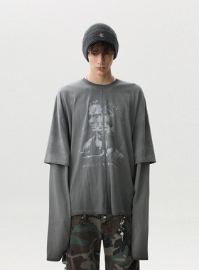 MRNEARLY 解构拼接假两件做旧炒色美式长袖T恤男宽松慵懒秋季上衣