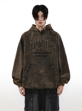 MRNEARLY美式复古做旧水洗牛仔卫衣男生2023新款连帽高端秋季外套