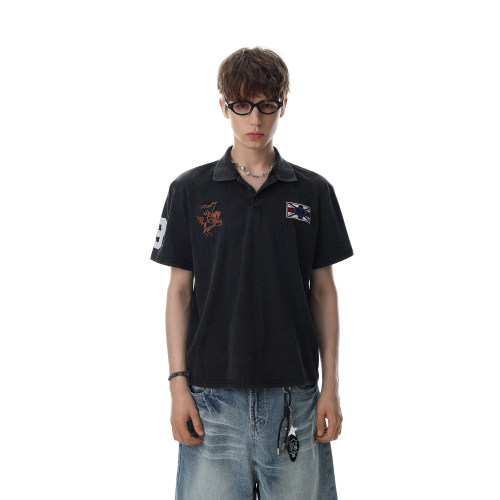 美式复古做旧刺绣短袖Polo衫